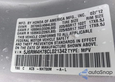 2012 Honda Cr-V Ex-L from USA, damaged, VIN 5J6RM4H78CL021342